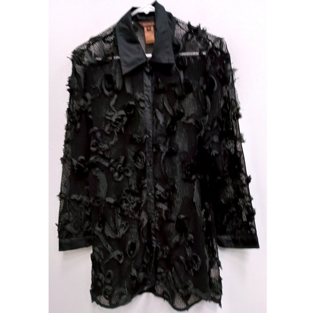 Multiples Sheer Mesh Floral Applique Tunic Top Womens M Black Gothic Button Up